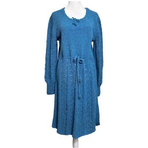 Vintage Blue Crochet Knit Dress with Tie Waist – Size 14